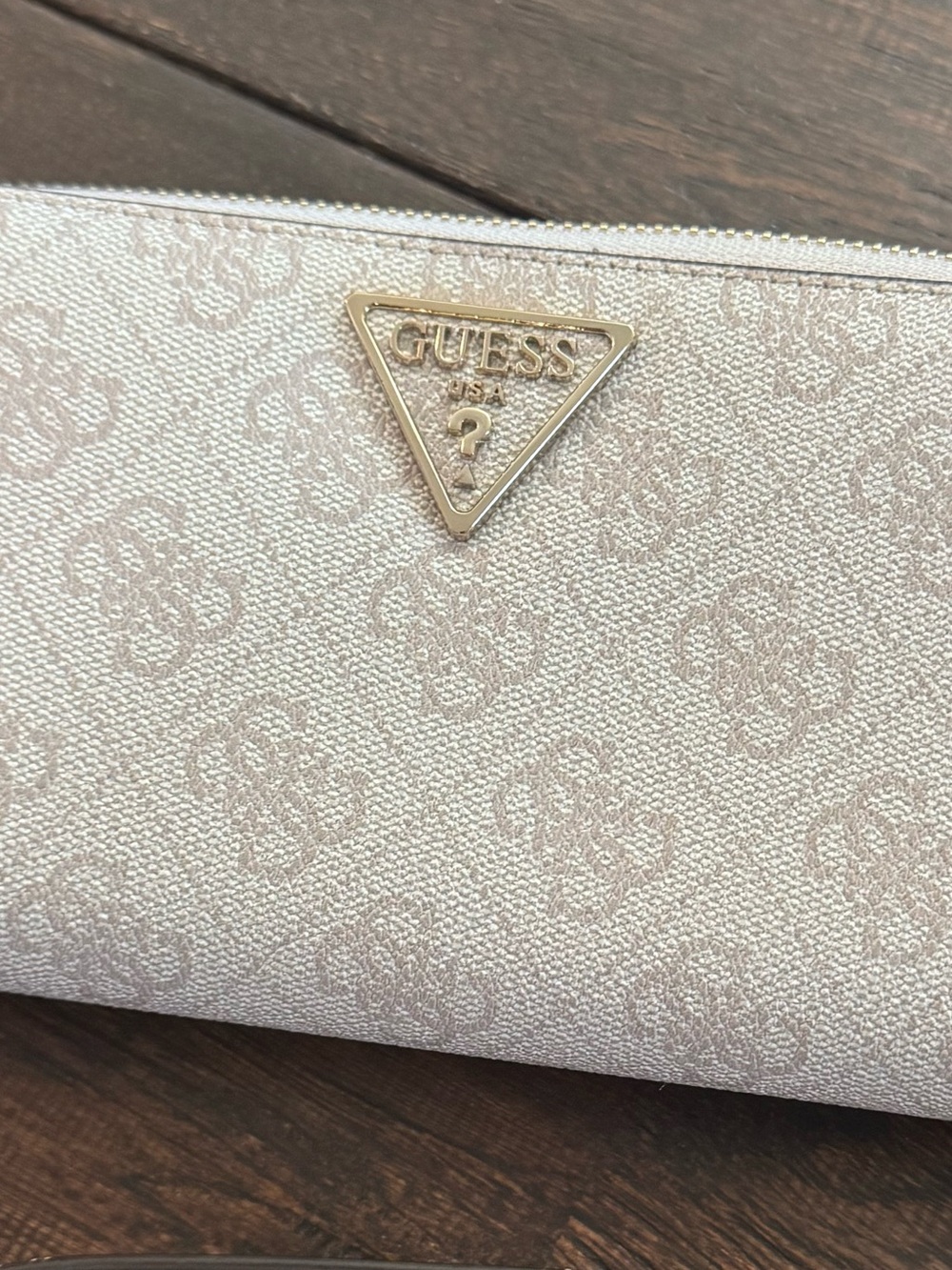 Guess Beige Monogram Zip-Around Wristlet Wallet with Gold Logo - Picture 8 of 16
